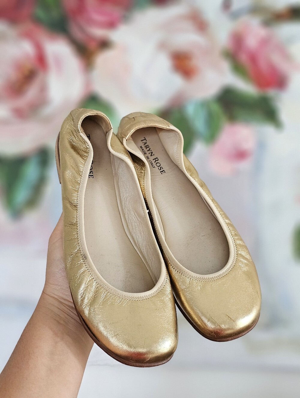 Taryn Rose Gold Metallic Leather Ballet Flats Made in Italy Size 40